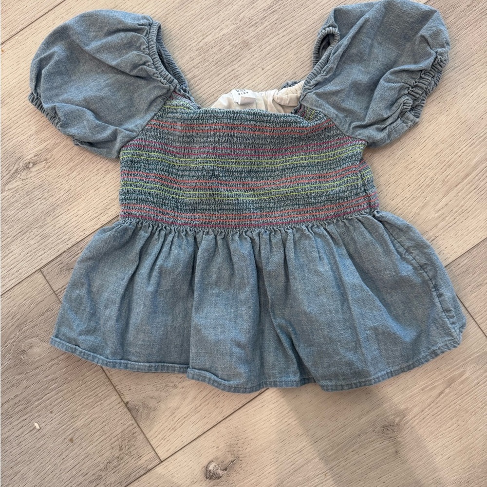 Denim-Look Smocked Peplum Top - Blue